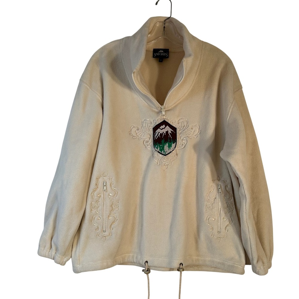 Sno Skins Womens Cream Fleece Quarter Zip Mountain Embroidered Pullover Jacket M